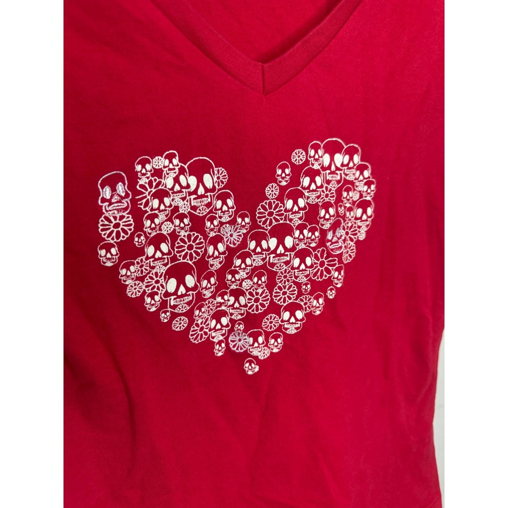 Y2K Vintage Billabong Red V-Neck Graphic Tee Skull Heart Shirt Sz M - Picture 3 of 6